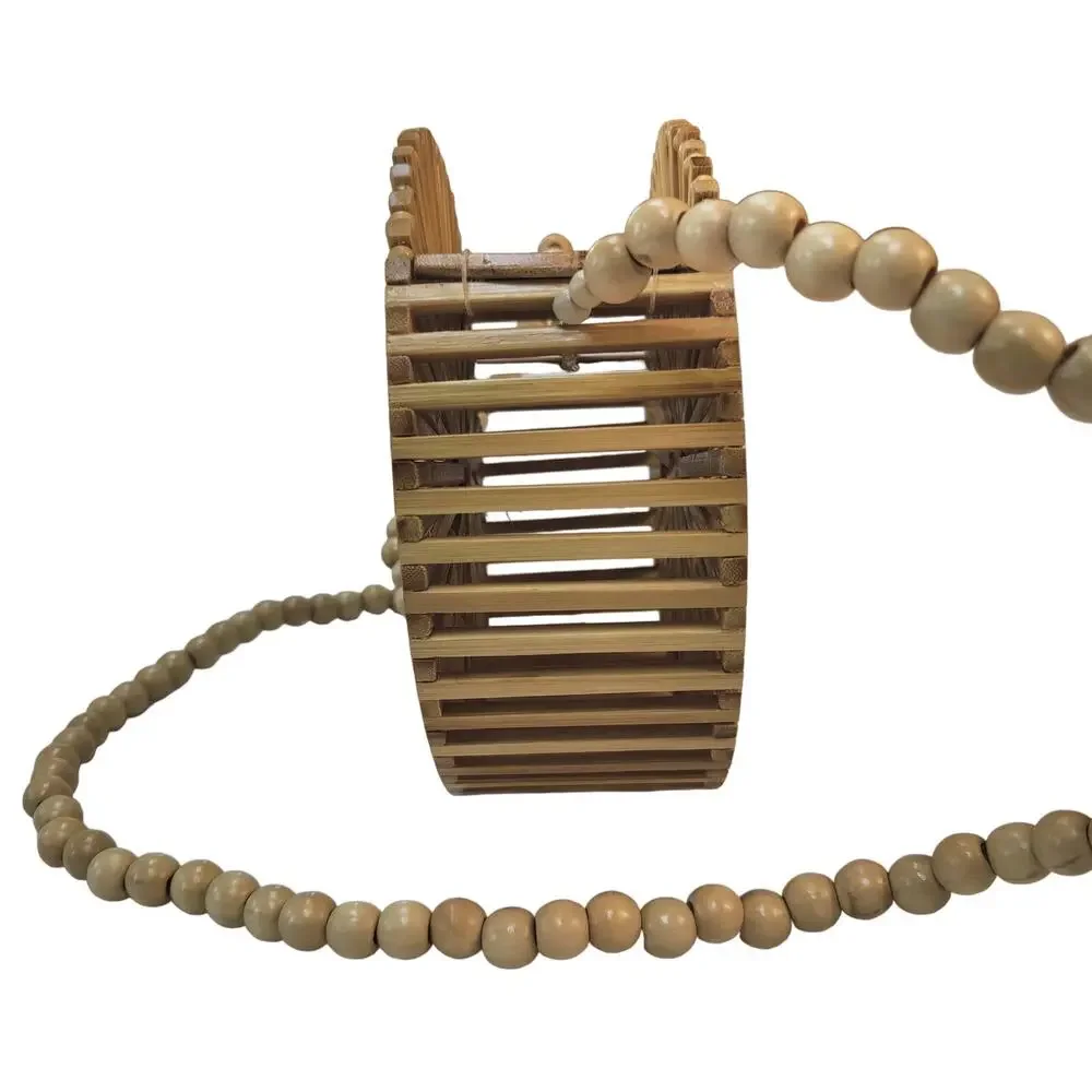 Round Bamboo Purse Bag with Long Beaded Strap Boho Beachy
